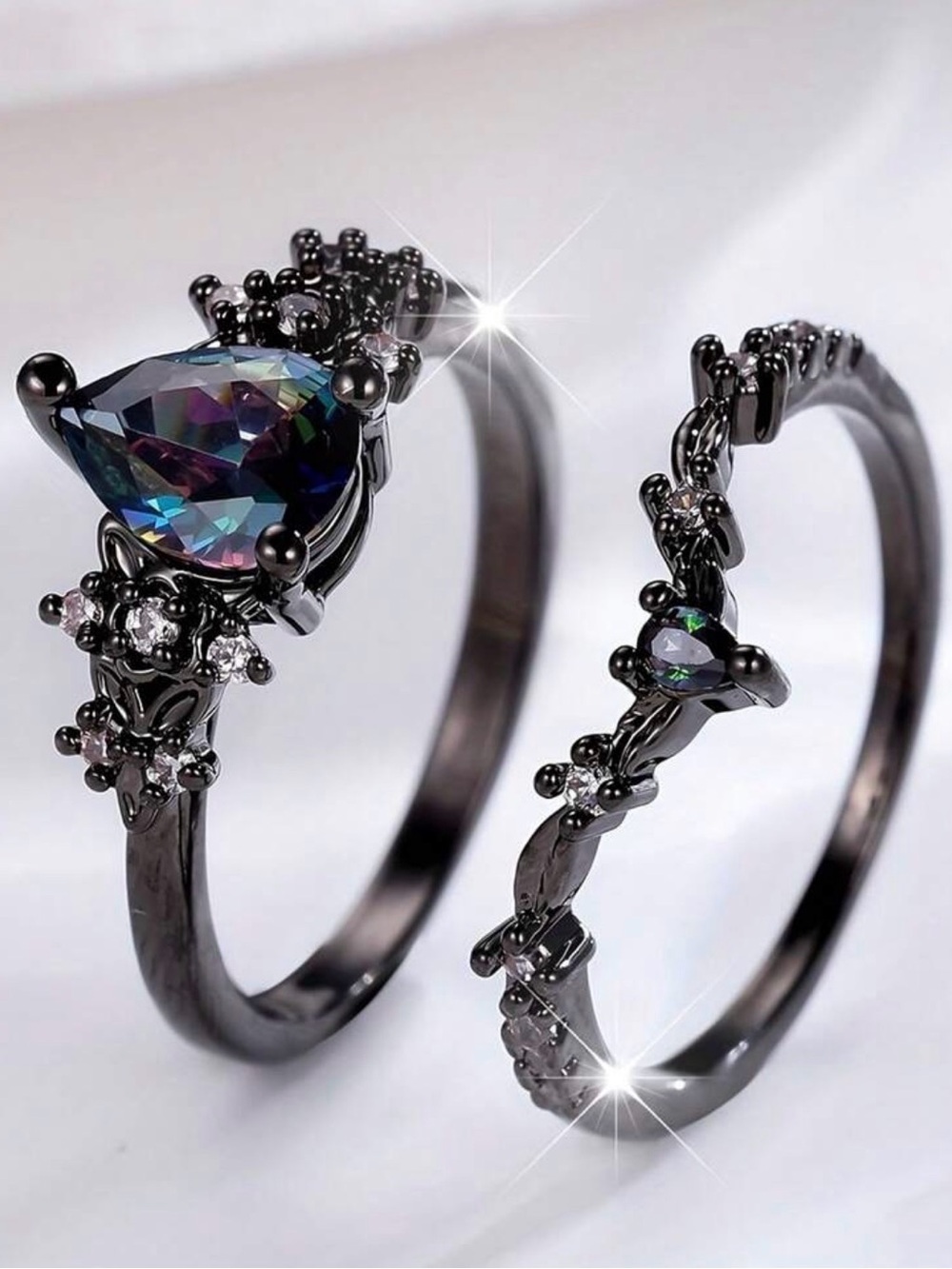Black Mystic Teardrop Ring Set - Elegant Black Crystal Women's Rings